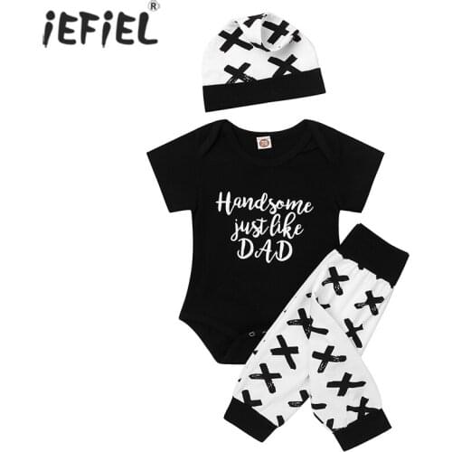 Newborn Toddler Infant Baby Boys Romper Outfit Short Sleeve Jumpsuit Playsuit Little Boy Cartoon Romper+Print Pants+Cap Set