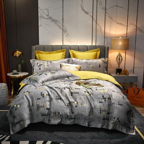 4 Piece Mosaic Plaid Duvet Covers Queen Size Luxury Egyptian Cotton Bedding Set Satin Bed Linen Double Bed Set Yellow Green Grey