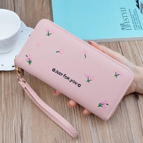 Korean Women Long Embroidered Wallets PU Leather Zipper High Capacity Coin Purses Money Credit Card Holder Female Clutch