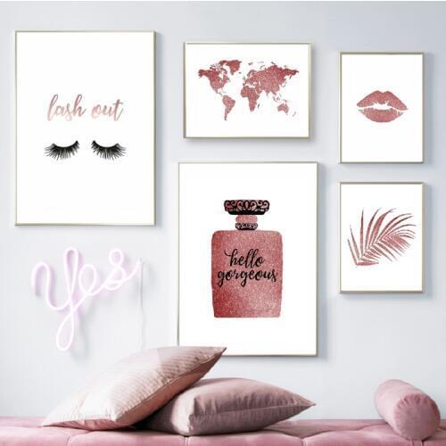 Fashion Wall Art Canvas Painting Lash Pink Glitter Prints Perfume Bottle Vogue Pictures Wold Map Poster Girls Room Home Decor