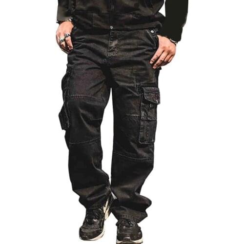 Mcikkny Mens Baggy Hip Hop Cargo Jeans Pants Multi Pockets Tactical Loose Casual Denim Trousers For Male Washed Plus Size 30-46
