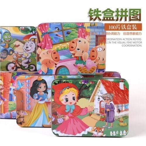 N111 Cartoon cartoon puzzle puzzle 100 pieces of iron box jigsaw puzzle children early education enlightenment toys 15 optional