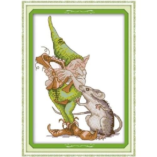 Green Elf and Big Mouse cross stitch kit aida 14ct 11ct count print canvas stitches embroidery DIY handmade needlework