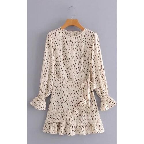 New Pop Women Dress Printed Ruffled Hem Flare Sleeves Short dress elegant Vintage Casual Vogue Chic Lady Woman Dresses