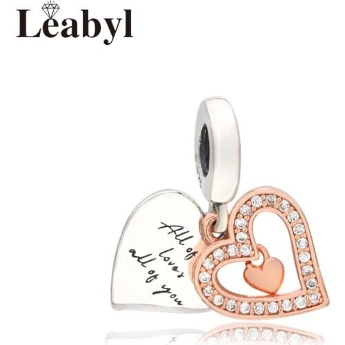 Leabyl New Arrival Romantic Rose Gold Color Heart Charm Pendant fit Bracelet & Bangle White Crystal Love Beads for DIY Jewelry