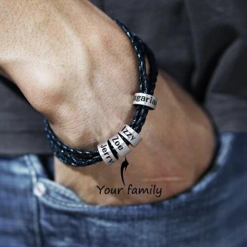 Custom Name Bracelet For Men With Beads Male Jewelry Personalized Bracelet Genuine Leather Braided Bracelet Family Men Gifts