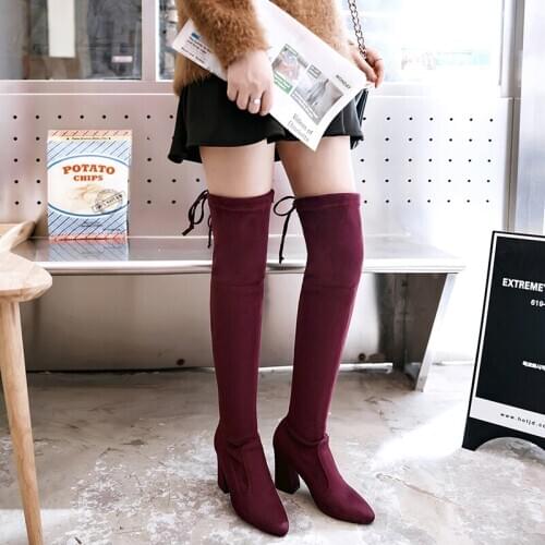 Stretch Suede Thigh High Boots Women Stiletto Sexy Over the Knee Boots Pointed Toe High Heels Long Boots Red Black Shoes Woman
