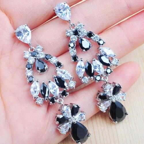 Noble Black White Zirconia Dangle Long Big Chandelier Earrings for Women Engagement Wedding Brides Jewelry