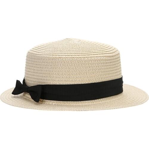 Summer New Womens Sun Hat Bucket cap Ribbon Flat top Straw Hats Beach Caps Panama Women Sun Hat Brim Bowknot Straw Outdoor Hat
