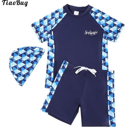 TiaoBug Boys Kids 3Pcs Swimwear Bathing Suit Letter Print Short Sleeve Shirt Drawstring Trunks Shorts Rashguard Sets