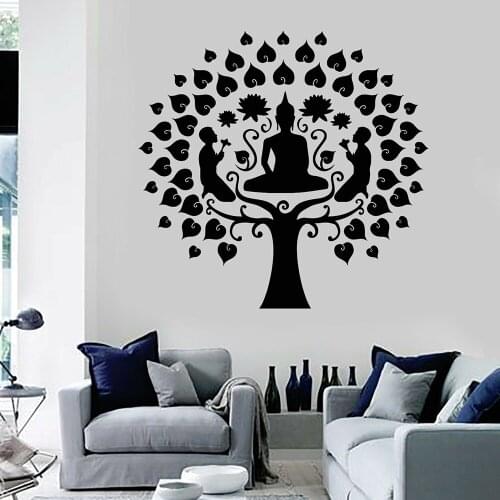Vinyl Wall Decal Buddha Tree Buddhism Lotus Meditation Wall Stickers for Yoga studio Decor Design Removable Home Art Decor C512