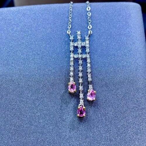 Elegant tassel long chain natural pink sapphire necklace natural gemstone pendant necklace S925 silver girl party gift jewelery