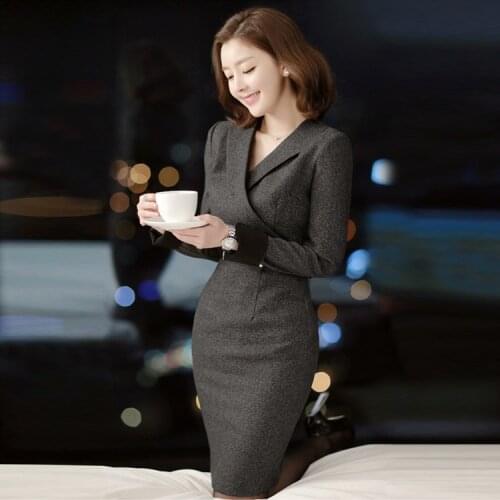 Thick Autumn Winter Dress 2020 Women Vintage Dark Gray V-neck Long Sleeve Bodycon Office Lady Work Sheath Dress Formal