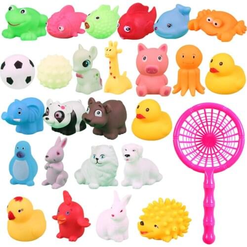 20pcs Vinyl Mixed Animals Bath Toys Colorful Floating Rubber Duck Whale Squeaky Toys with 1pc Spoon Net for Baby Toddlers Kids