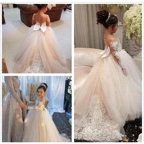 2019 Princess Cheap Lovely Cute Tulle Applique Flower Girl Dresses Daughter Toddler Long Sleeves Pretty Kids First Holy Gowns