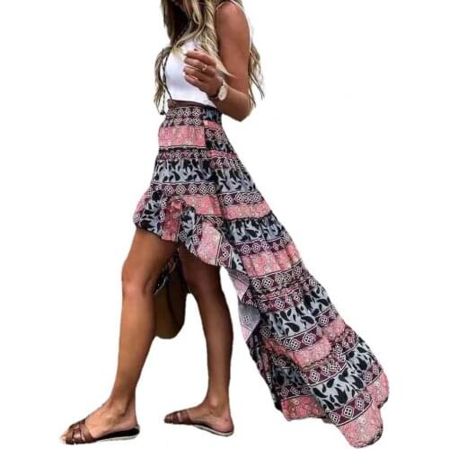 2021 Spring/Summer Women Skirt Fashion Irregular Hem Floral Print Ruffle High Waist Long Skirt Office Lady Midi Skirt