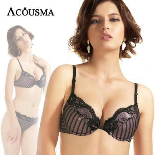 ACOUSMA Women Floral Lace Bowknot Stripe Bra Set Sexy 3/4 Cup Push Up Female Brassiere Lingerie Sets T Back Thongs Seamless