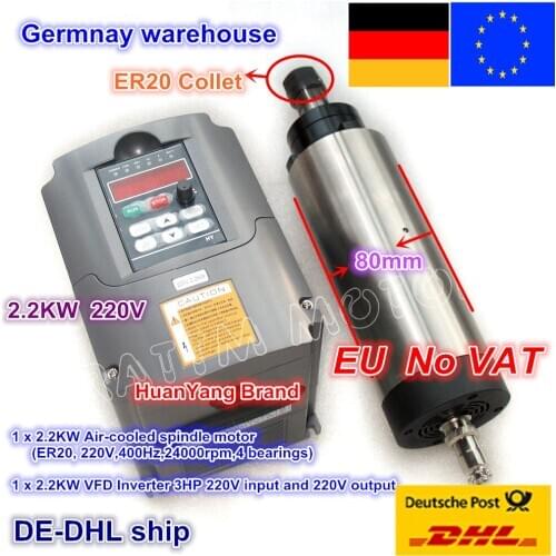 DE ship 2.2KW Air-cooled spindle motor ER20,24000rpm,4 bearings & 2.2kw Inverter 220V VFD 2HP for CNC Router Engraving Milling