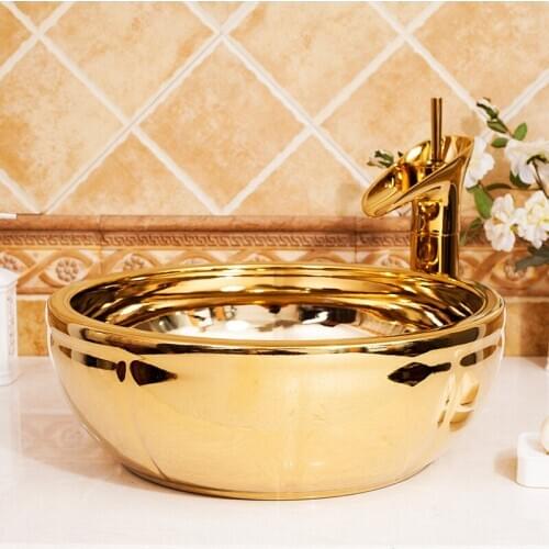 Porcelain Material European Style Golden-Plated Carved Art Ceramic Bathroom Sink