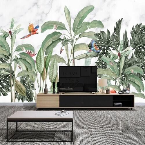 Custom Photo Waterproof Self-adhesive Mural Wallpaper 3D Tropical Rainforest Birds And Flowers Poster Wall Decals Living Room
