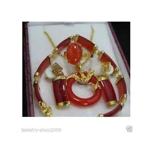 Fine real new Fashion Cubic Zirconia Trendy Jewelry 100%Jewelry Red jade stone pendant earrings bracelet Ring Sets