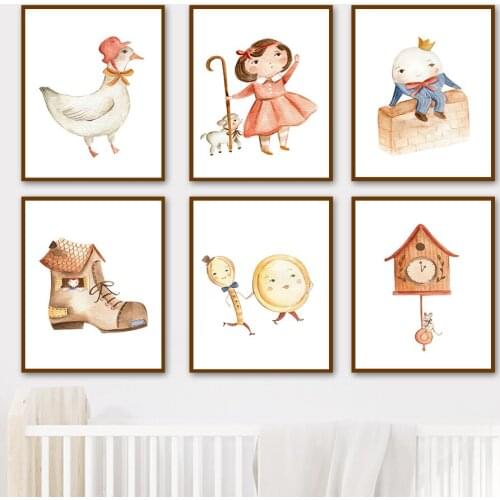 Girl Duck Clock Mouse Spoon Plate Shoe Cartoon Wall Art Canvas Painting Nordic Posters And Prints Wall Pictures Kids Room Decor