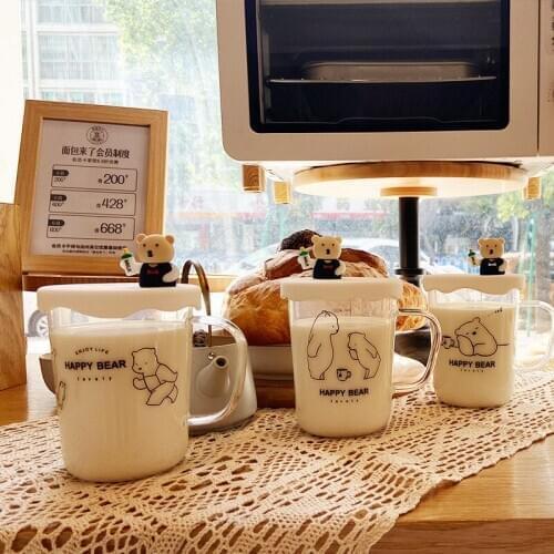 Korean Cartoon Bear Glass Water Cup With Scale With Lid Simple Cute Milk Cups with cover Breakfast Bottle