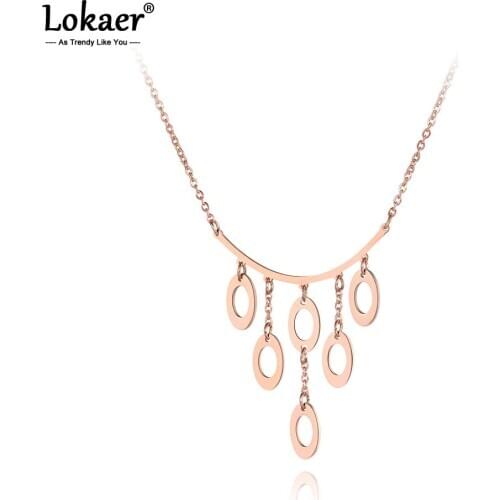 Lokaer Bohemia Titanium Stainless Steel 6Pcs Oval Geometry Pendant Necklace Jewelry Trendy Charm Necklace For Women Girls N19115