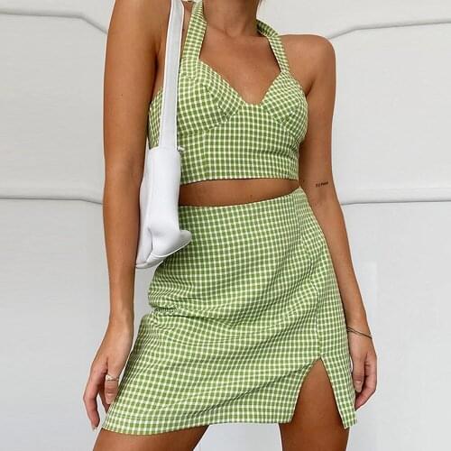 Missnight Plaid Skirt Green Two Piece Set Women Halter Crop Top Mini Skirt Set Backless Bandage 2 Piece Outfits Summer 2021