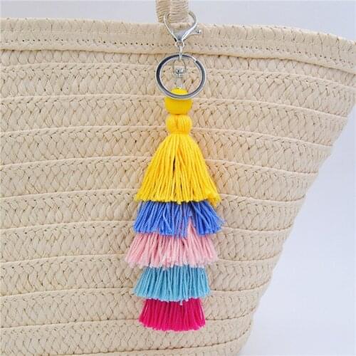 Fashion Colorful Layered Cotton Tassel Key Chains For Women Girls Bag Cars Pendant Summer Jewelry Bohe Decoration Accessories