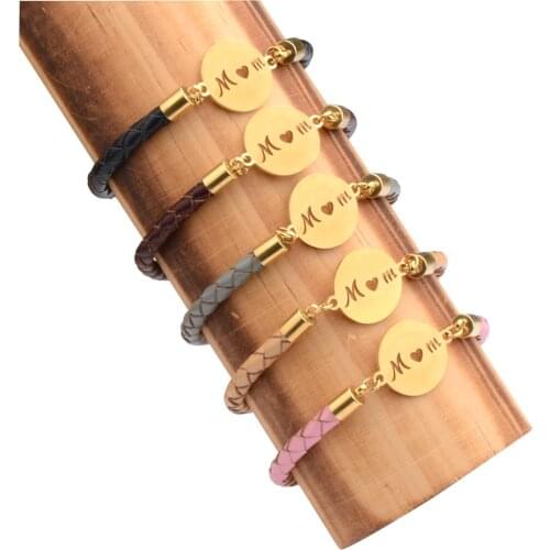 Stainless Steel Charm Text Mom Gold Color Nameplate Bracelets Multicolor Genuine Leather Braid For Mother Gift Fashion Jewelry