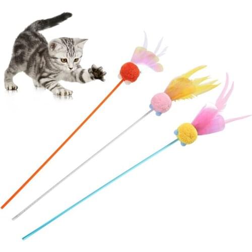 1pcs Cat Teaser Stick Interactive Faux Feather Shiny Kitten Wand Toy Pet Wand Teaser Fun Ball With Fake Feather Training Toys