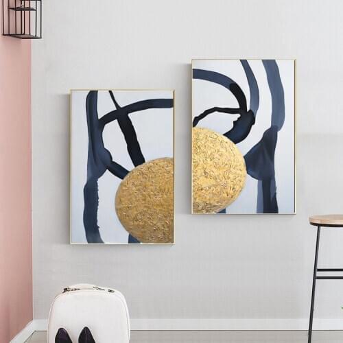 Modern Abstract Blue Gold Painting Canvas Poster Art Wall Picture for Living Room Unframed