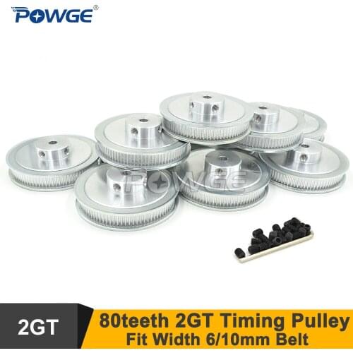 POWGE 10pcs 80 Teeth 2GT Timing Pulley Bore5/6/6.35/8/10mm Fit W=6/10mm GT2 Timing Belt 3D Printer 80Teeth 80T GT2 Pulley 80-2GT