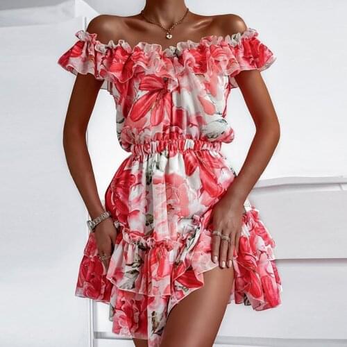 Summer Off Shouder Flower Print Dress Women Chiffon Slash Neck Ruffle Floral A Line Dress 2021 Boho Short Holiday Party Dress