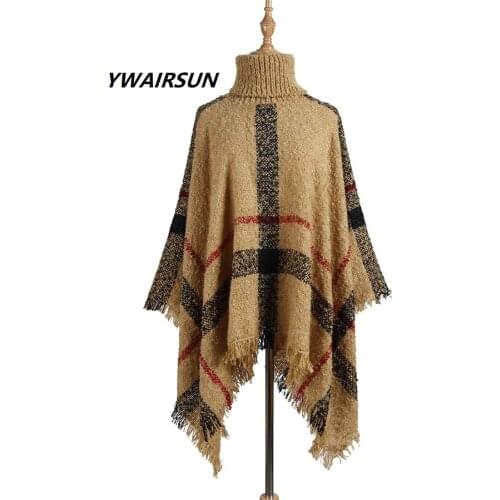 YWAIRSUN Sweater shawl female striped plaid scarf high collar tassel cloak poncho loose large size sweater pashmina hot sale