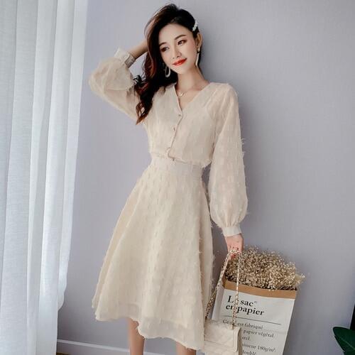 2019 Spring 2 Piece Set Women V-neck Single Breasted Lantern Sleeve Tops Knee-length Skirts With Tassel Casual Women Sets Clothe