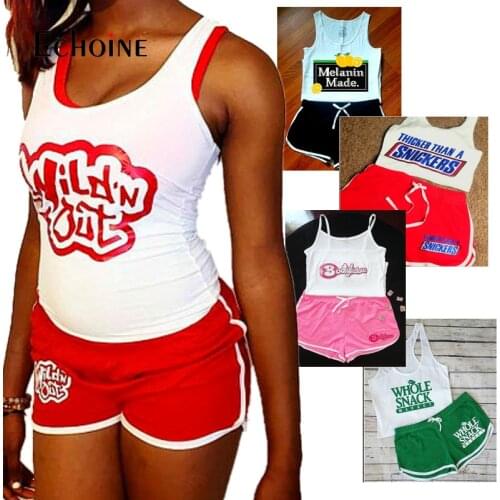 Echoine Women Fashion letter print tracksuit Two Piece Set tshirts Camisole +Shorts club Party Cute Sexy Bodycon Shorts outfits