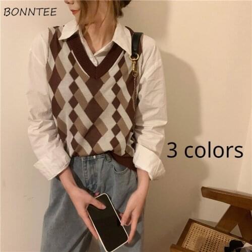 Sweater Vest Women Spring Sleeveless Argyle Simple Retro Popular All-match Ulzzang Vintage Classic Fashion College Temperament