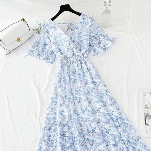2021 Summer Dress Womens Short sleeve Chiffon Dress V-neck Elastic Waist Floral Print Beach Long Dresses Backless Sexy Vestidos
