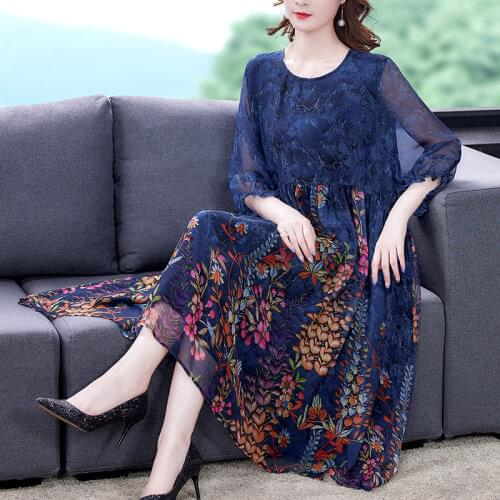 2021 Spring And Summer Womens Fashion Dress Mid-Length Loose A-Line Plus Size Chiffon Dress Printed Floral Beach Clothing zh430