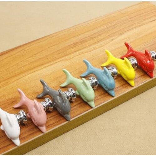 1 Pc Childrens Room Bookcase Wardrobe Cute Ceramic Handle Single Hole White Dolphin Ocean World Cartoon Small Knob Handles