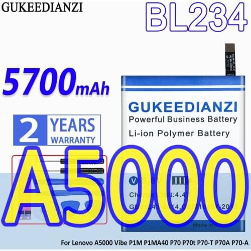 High Capacity GUKEEDIANZI Battery BL234 5700mAh For Lenovo A5000 Vibe P1M P1MA40 P70 P70t P70-T P70A P70-A