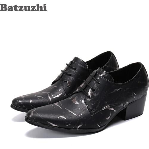 Batzuzhi 6.5cm High Heels Mens Ankle Boots Pointed Toe Black Genuine Leather Boots Men Lace-up Botas Hombre, Big Sizes US6-US12