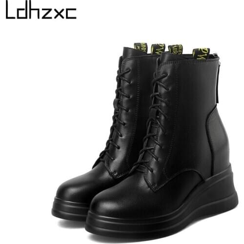 LDHZXC New Genuine Leather Boots Zip Platform Ankle Boots Round Toe Fashion Autumn Winter Boots Ladies Casual Shoes