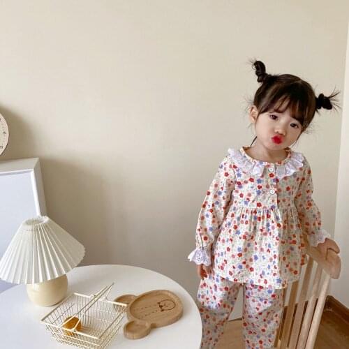 Kids Girls Autumn Pajamas Children Sleepwear Baby Pajamas Sets Girls Flower Lace Cotton Nightwear Clothes Kids Clothing 2-7Y