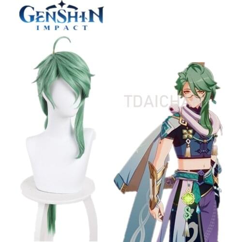 Genshin Impact BAIZHU Cosplay Wig Baishu Green 90cm Long Straight Braided Ponytail Hair Role Play Cos Props Handsome Gray green