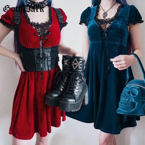Goth Dark Velour Vintage Grunge Black Square Collar Dresses Women Lolita Harajuku Bandage Dress Gothic Lace Patchwork Partywear