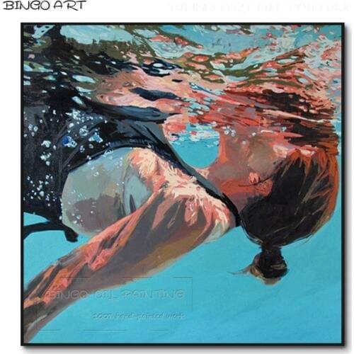 Artist Hand-painted High Quality Impressionist Lady Diving Portrait Oil Painting on Canvas Beauty Lady Swimming Oil Painting