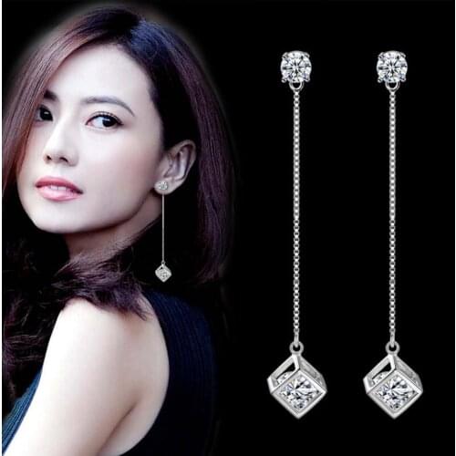 LEKANI 925 sterling silver new Jewelry High Quality Woman Fashion Retro Long Tassel Cubic Zirconia Checkered Pop Earrings